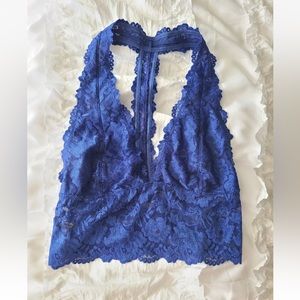 Free People Bralette Shirt Royal Blue Lace Halter Crop Top size Large